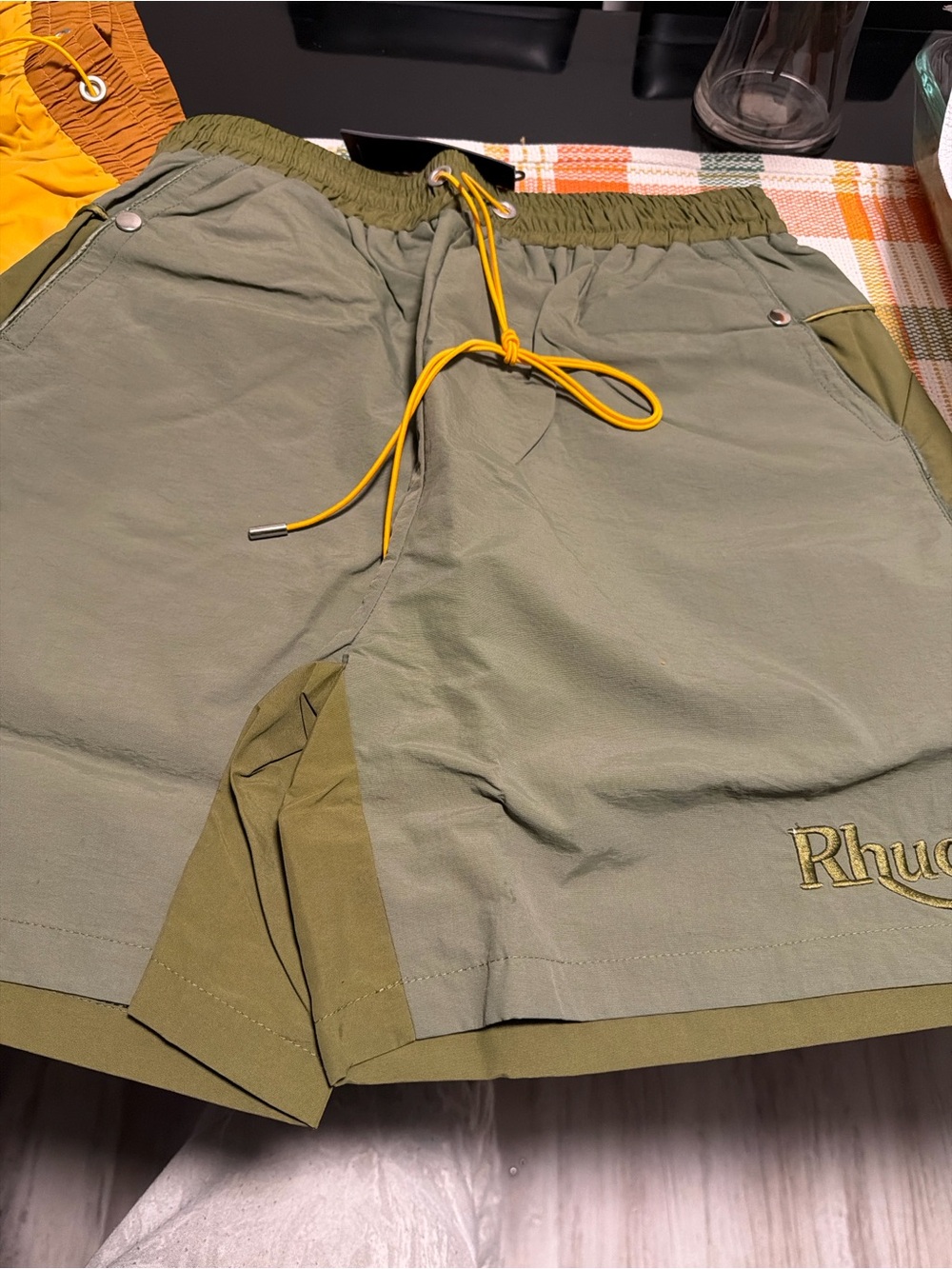 Rhude Olive and Khaki Men's Athletic Shorts with Yellow Drawcord